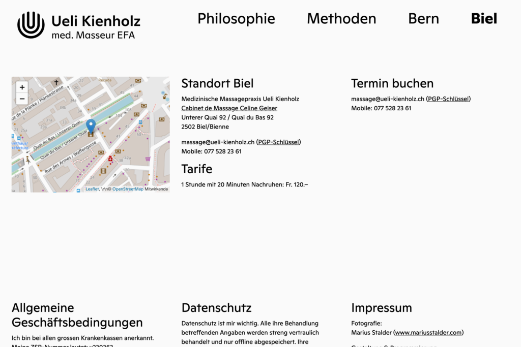 Captns Konzept und Gestaltung – Visueller Auftritt für die Massagepraxis Ueli Kienholz: Webseite